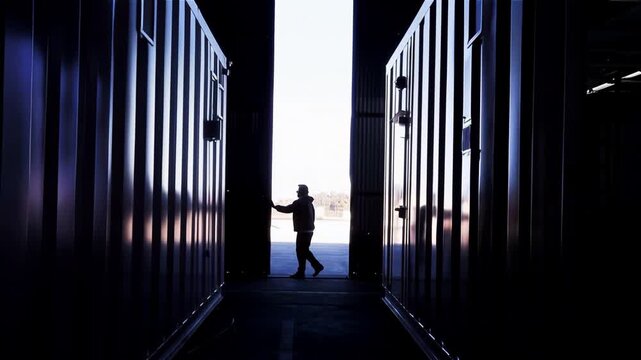 Industrial Warehouse Doors Opening by Worker, Camera Pulling Back as Daylight Reveals Interior