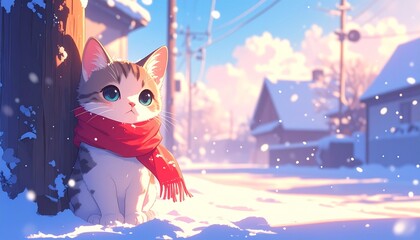 雪がゆっくり舞う冬の町。小さな猫が赤いマフラーを巻き、電柱の下でちょこんと座っている