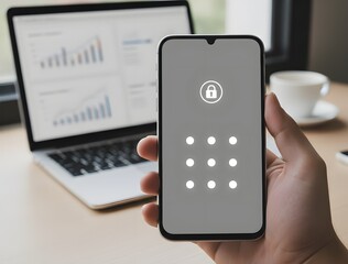 Close up of person holding smartphone with security lock icon and pattern pin dots on screen in front of laptop showing financial data charts