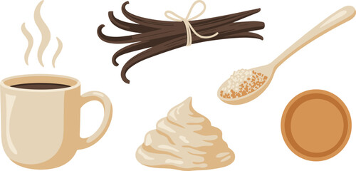 Flat Vector Illustration of Hot Coffee Cup Bundled Vanilla Beans Whipped Cream and Sugar Spoon