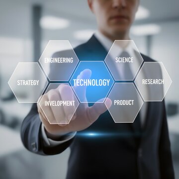 Professional businessman touching glowing digital technology interface screen with hexagonal icons in a modern corporate office environment
