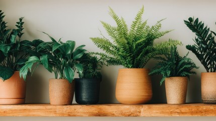 Fototapeta premium Indoor plants displayed on a wooden shelf in a simple arrangement