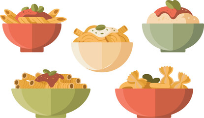 Flat Vector Illustration of Italian Pasta Dishes Including Penne Farfalle and Rigatoni with Tomato Sauce and Basil