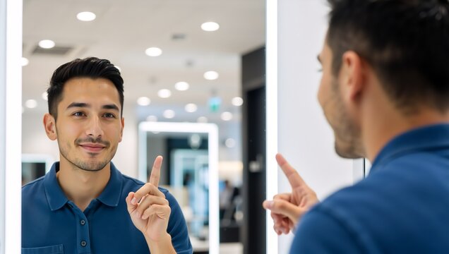 Handsome man smiling at his reflection and pointing his finger up. Positive self-talk and motivation concept in front of a mirror