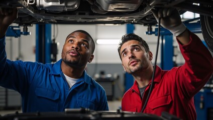 Two diverse mechanics working together under a car in a garage. Professional auto technicians inspecting a vehicle on a lift for maintenance and repair service