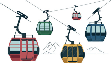 Flat Vector Illustration of Modern Cable Cars and Gondola Lifts with Mountain Peaks