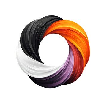 Forma circular abstracta con texturas fluidas entrelazadas en colores blanco, negro, naranja y p&uacute;rpura sobre fondo blanco.