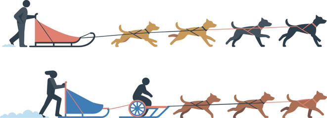 Flat Vector Illustration of Professional Mushers Racing with Sled Dog Teams in Arctic Winter Conditions