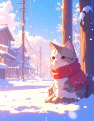 雪がゆっくり舞う冬の町。小さな猫が赤いマフラーを巻き、電柱の下でちょこんと座っている
