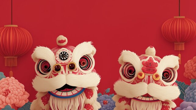 Chinese New Year banner, two Chinese lion dance heads with Chinese red lanterns, and various other Chinese elements, with space for text. Lunar New Year poster.