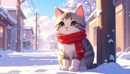 雪がゆっくり舞う冬の町。小さな猫が赤いマフラーを巻き、電柱の下でちょこんと座っている