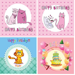 Cute Birthday Cats and Cake Set