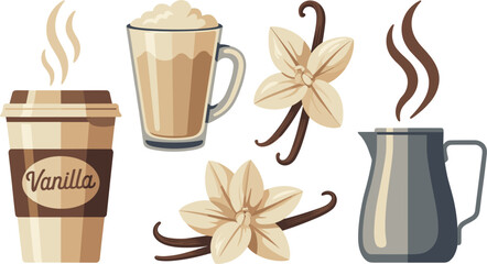 Flat Vector Illustration of Vanilla Coffee Collection Featuring To-Go Cup Latte Glass and Vanilla Flowers