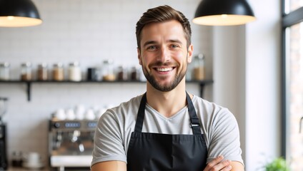 Portrait of a happy male barista smiling in a modern cafe. Confident young entrepreneur and small business owner looking at the camera