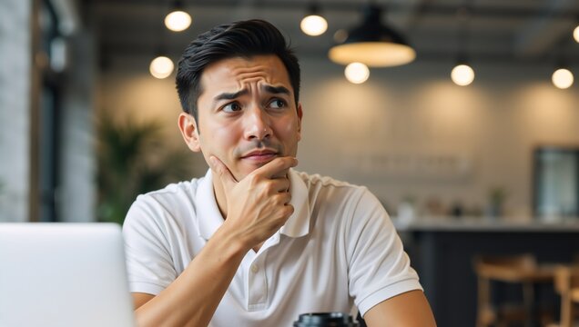Confused young businessman thinking hard about a problem. Pensive Asian man with a thoughtful expression making a difficult decision at work