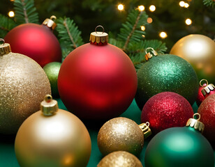 christmas tree decorations isolated, A collection of elegant Christmas decorations with red, green, and gold ornaments lying on a green background, creating a festive and joyful atmosphere
