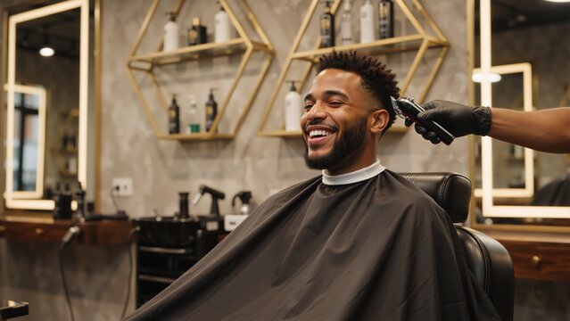 Happy black man smiling while getting a haircut at a barbershop. Professional barber using an electric clipper on a satisfied male client. Men's grooming and hairstyling service