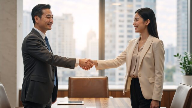 Successful business handshake between an asian man and woman in a corporate office. Professional partnership and agreement after a meeting. Closing a deal concept