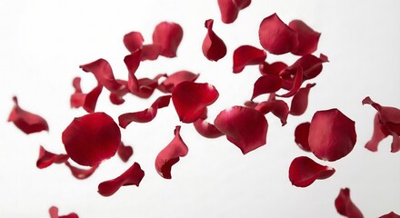 Red Rose Petals Falling and Floating Against a White Background scattering