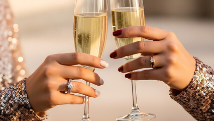 Two people toasting with champagne glasses, celebrating an engagement or special occasion.