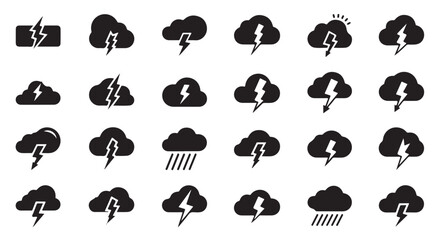 Fototapeta premium Collection of black weather icons depicting stormy clouds and lightning bolts
