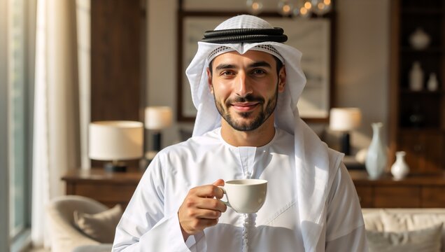 Handsome Arab man in traditional Emirati attire smiling while holding a coffee cup. Portrait of a successful Middle Eastern businessman relaxing in a modern home.