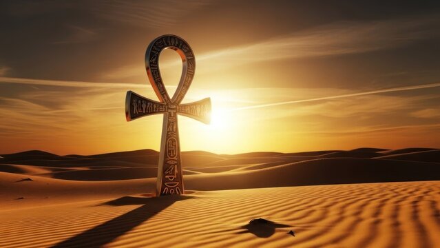 Ancient Egyptian ankh symbol in the desert at sunset.