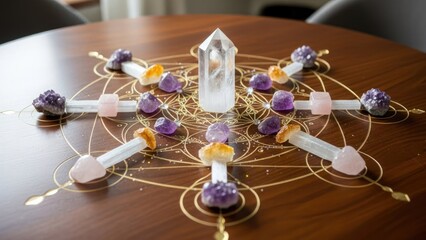 A crystal grid with amethyst and rose quartz crystals, surrounded by a golden mandala, on a wooden table.