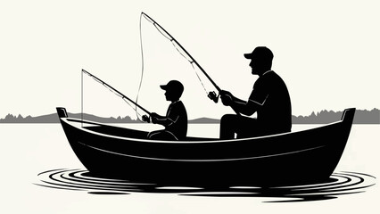 Father and Son Fishing Together in a Boat Silhouette.