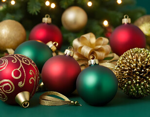 christmas tree decorations isolated, A collection of elegant Christmas decorations with red, green, and gold ornaments lying on a green background, creating a festive and joyful atmosphere