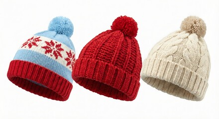Three Knitted Winter Hats with Pom- Poms on a White Background knitted hats pom-poms