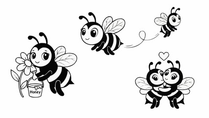 Cute Cartoon Bees Collection with Flower and Honey Pot.