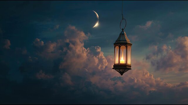 Glowing lantern hanging under a crescent moon in a dark sky with pink and orange clouds.