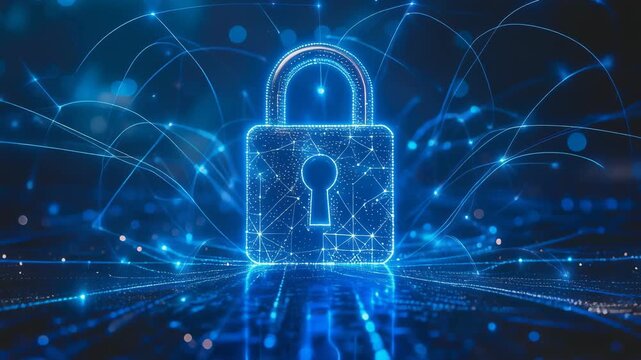 Futuristic digital padlock glowing in a high tech network environment with flowing data lights, symbolizing cybersecurity, data privacy, and secure digital communication.