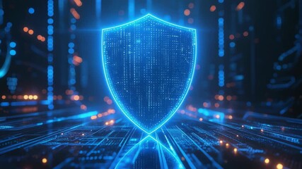 Glowing digital shield representing cybersecurity protection in a futuristic data center scene with flowing light particles and shallow depth of field, illustrating data security, privacy, and advance - Powered by Adobe