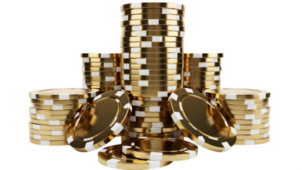 Stacked golden casino poker chips with white accents isolated on a black background symbolizing gambling wealth and success