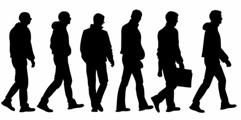 A group of silhouetted men walking in different poses and attire