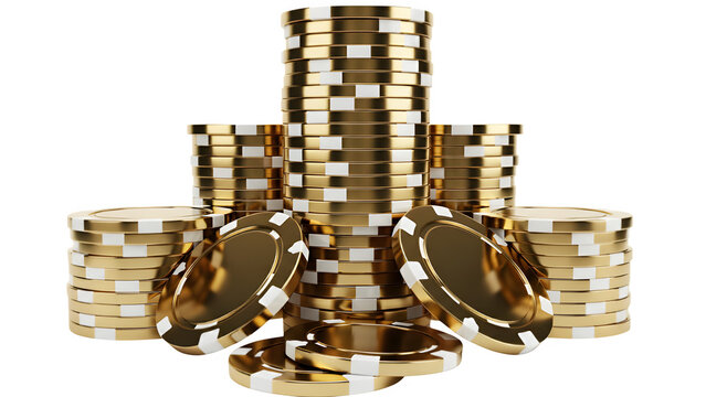 Stacked golden casino poker chips with white accents isolated on a black background symbolizing gambling wealth and success