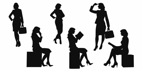 Obraz premium Silhouettes of businesswomen in various poses with briefcases and accessories