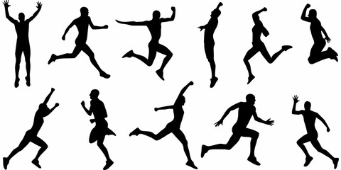 Silhouettes of people in dynamic motion jumping running and active poses