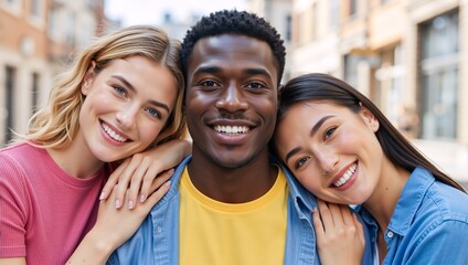 Fototapeta premium Portrait of three diverse friends smiling at the camera. A happy multicultural group of young adults enjoying time together outdoors