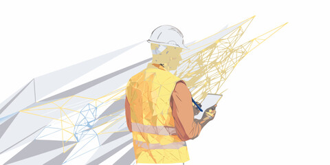 Construction worker examining blueprints with a futuristic building design overlay