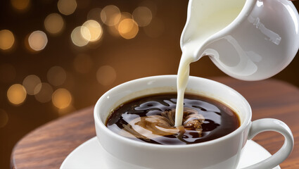 Milk being poured into a cup of hot black coffee in a white ceramic cup on a wooden table with festive warm bokeh lights