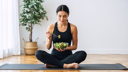 Fit woman in sportswear eating a healthy salad after a workout. Young female sitting on a yoga mat at home. Healthy lifestyle and nutrition concept