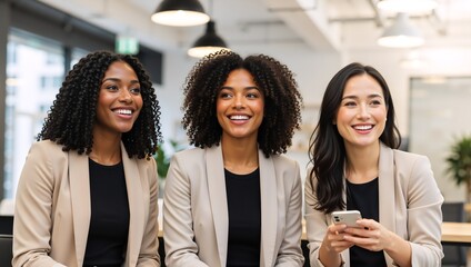 A diverse team of professional businesswomen smiling during a meeting in a modern office. Multiracial female colleagues collaborating on a project