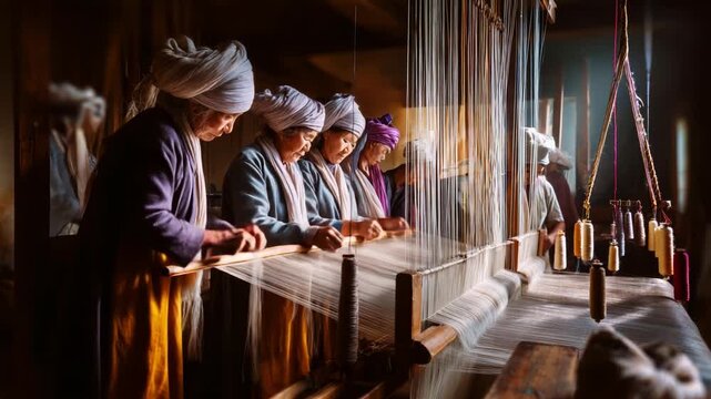 A Group of Artisans Collaborating in Traditional Weaving Techniques, Skillfully Creating Beautiful Patterns and Fabrics Using Looms, Showcasing Cultural Craftsmanship and Community Bonding.