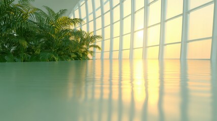 Fototapeta premium Sunset light reflecting on calm water in a bright indoor space