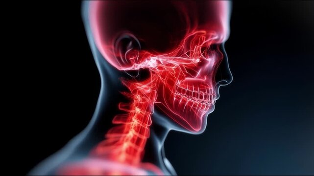 Anatomical profile of head and neck showing skeletal and nervous structures with glowing red highlights for educational visualization