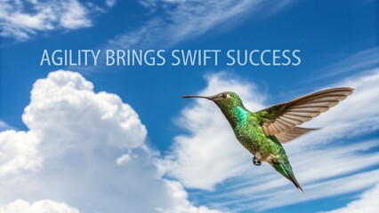 Naklejka premium Hummingbird in Flight Against a Bright Blue Sky