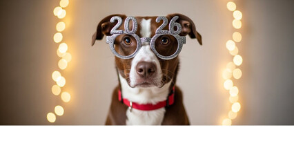 Brown and white dog wearing 2026 party glasses with string lights